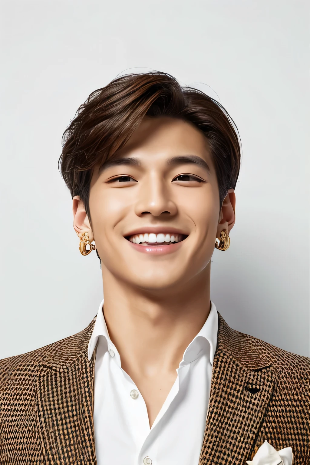 ((best quality)), ((masterpiece)), (detailed), perfect face、genuine、One Japanese boy、a bad man、Villain、(Ryo Yoshizawa:2.0)、(host)、Upper body、white background、Versace、Versace、tanned skin、single eyelid、brown hair、S class handsome guy、A slightly open mouth、upward glance、look up、Super handsome、short hair、mash hair、Beautiful, well-groomed hair、sexy look、other poses、Gold Rolex、accessories、earrings、beautiful teeth、smile、
