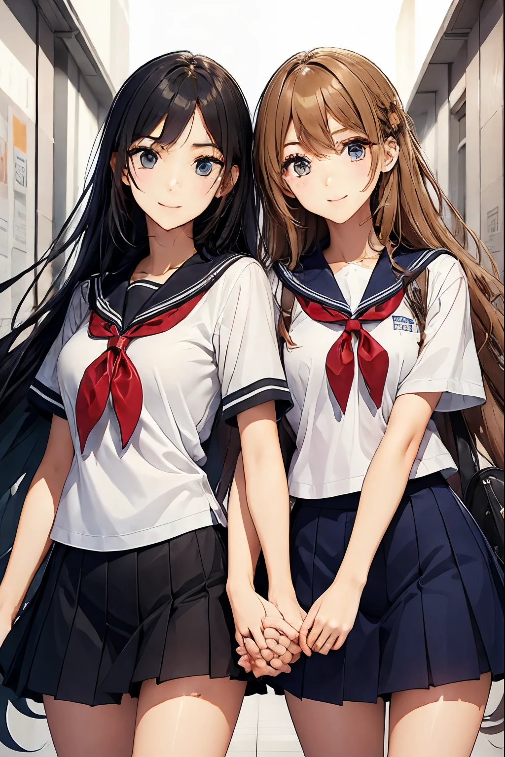 Two high school girls walking hand in hand down a school corridor、seductive smile、