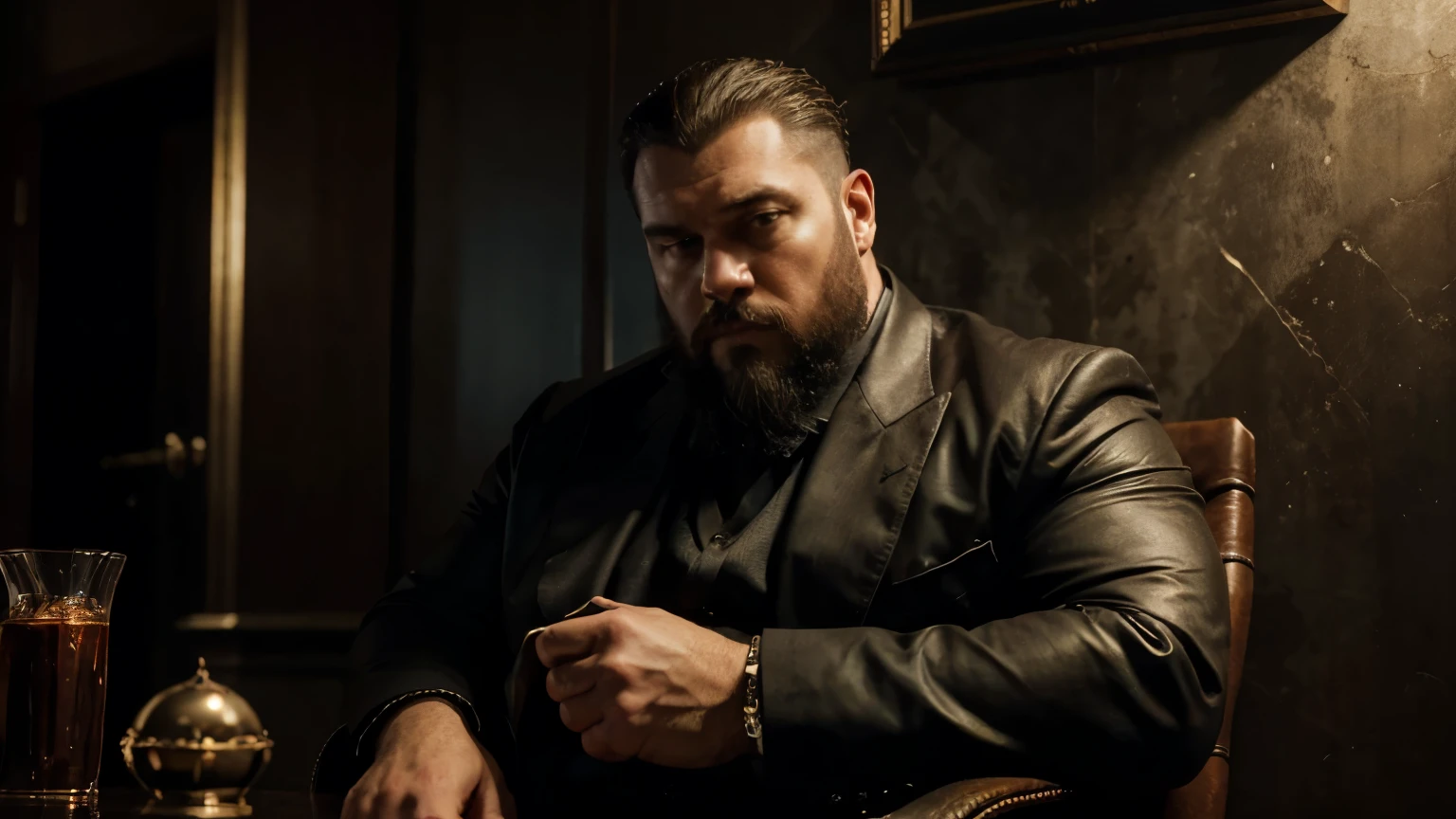 (best quality,4k,8k,highres,masterpiece:1.2),ultra-detailed,(realistic,photorealistic,photo-realistic:1.37),mysterious fat mafia man,back view,sharp focus,professional,dark underground,luxurious leather armchair,morning light,smoky room,expensive cigar,stylish suit,unrevealing shadows,mysterious aura,ominous atmosphere,golden watch,well-groomed beard,imposing presence,sophisticated charm,menacing expression,secretive figure,silent observer,heavyset physique,gangster vibes,richly decorated walls,glimpses of hidden power,dangerous aura,shady dealings,cloak-and-dagger operations,whispered conversations,quiet dominance,guarded secrets,intriguing background,characters lurking in the shadows,suspenseful anticipation,mystique and enigma