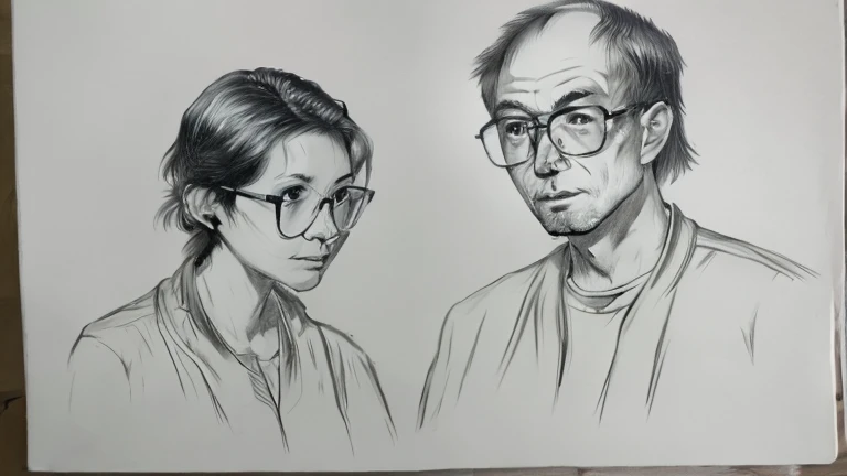 drawing of a man and a woman with glasses and pencil, caricatura!!!, sombreamento!!!, caricatura, caricatura style, desenho de desenho animado, cartoon sombreamento, cartoon retrato, alarcóna caricaturist, caricatura, professional sketch, ARTE DE DESENHOS ANIMADOS, retrato!!!!!!, caricaturista, caricatura, sketched, hand drawn cartoon, desenho animado de arte digital, ((retrato))