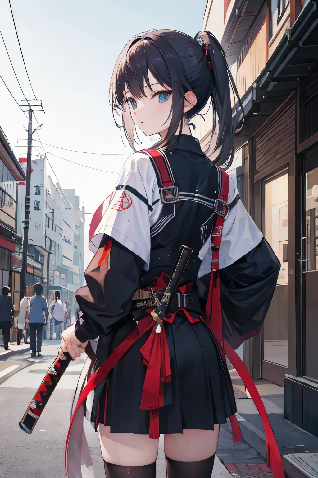 ((best quality)), ((masterpiece)), (detailed), in Tokyo town with katana behind her back 
