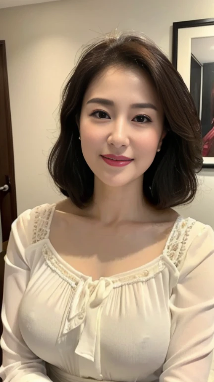 最high quality, 8K, lively, sharp focus, high quality, High resolution, middle-aged women, mature woman, 49 years old, (Full body Esbian), (Detailed face wearing high heels, highly detailed eyes, thick lips, plump body shape、plump face、((big breasts 2.3))、((white blouse))、love hotel room、random hairstyle、gentle smile、