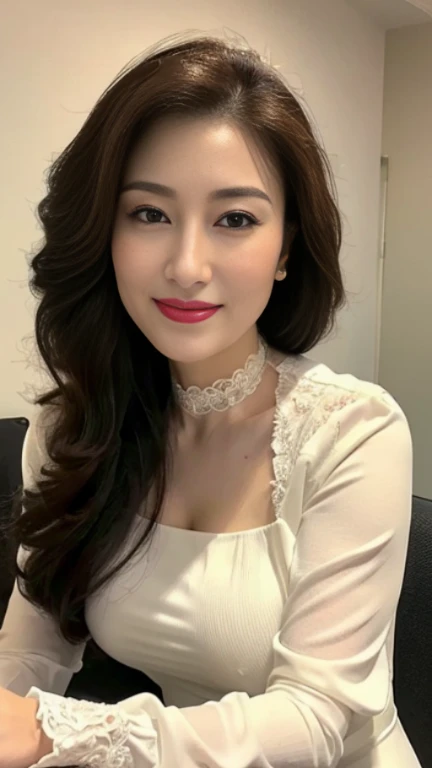 最high quality, 8K, lively, sharp focus, high quality, High resolution, middle-aged women, mature woman, 49 years old, (Full body Esbian), (Detailed face wearing high heels, highly detailed eyes, thick lips, plump body shape、plump face、((big breasts 2.3))、((white blouse))、love hotel room、random hairstyle、gentle smile、