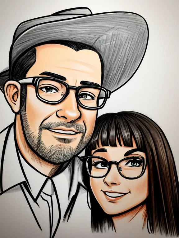 drawing of a man and a woman with glasses and pencil, caricatura!!!, sombreamento!!!, caricatura, caricatura style, desenho de desenho animado, cartoon sombreamento, cartoon retrato, alarcóna caricaturist, caricatura, professional sketch, ARTE DE DESENHOS ANIMADOS, retrato!!!!!!, caricaturista, caricatura, sketched, hand drawn cartoon, desenho animado de arte digital, ((retrato))