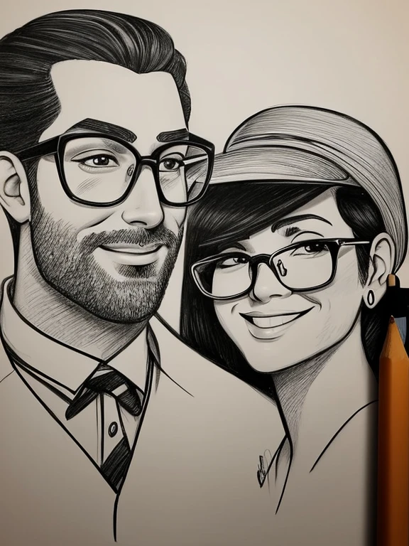 drawing of a man and a woman with glasses and pencil, caricatura!!!, sombreamento!!!, caricatura, caricatura style, desenho de desenho animado, cartoon sombreamento, cartoon retrato, alarcóna caricaturist, caricatura, professional sketch, ARTE DE DESENHOS ANIMADOS, retrato!!!!!!, caricaturista, caricatura, sketched, hand drawn cartoon, desenho animado de arte digital, ((retrato))