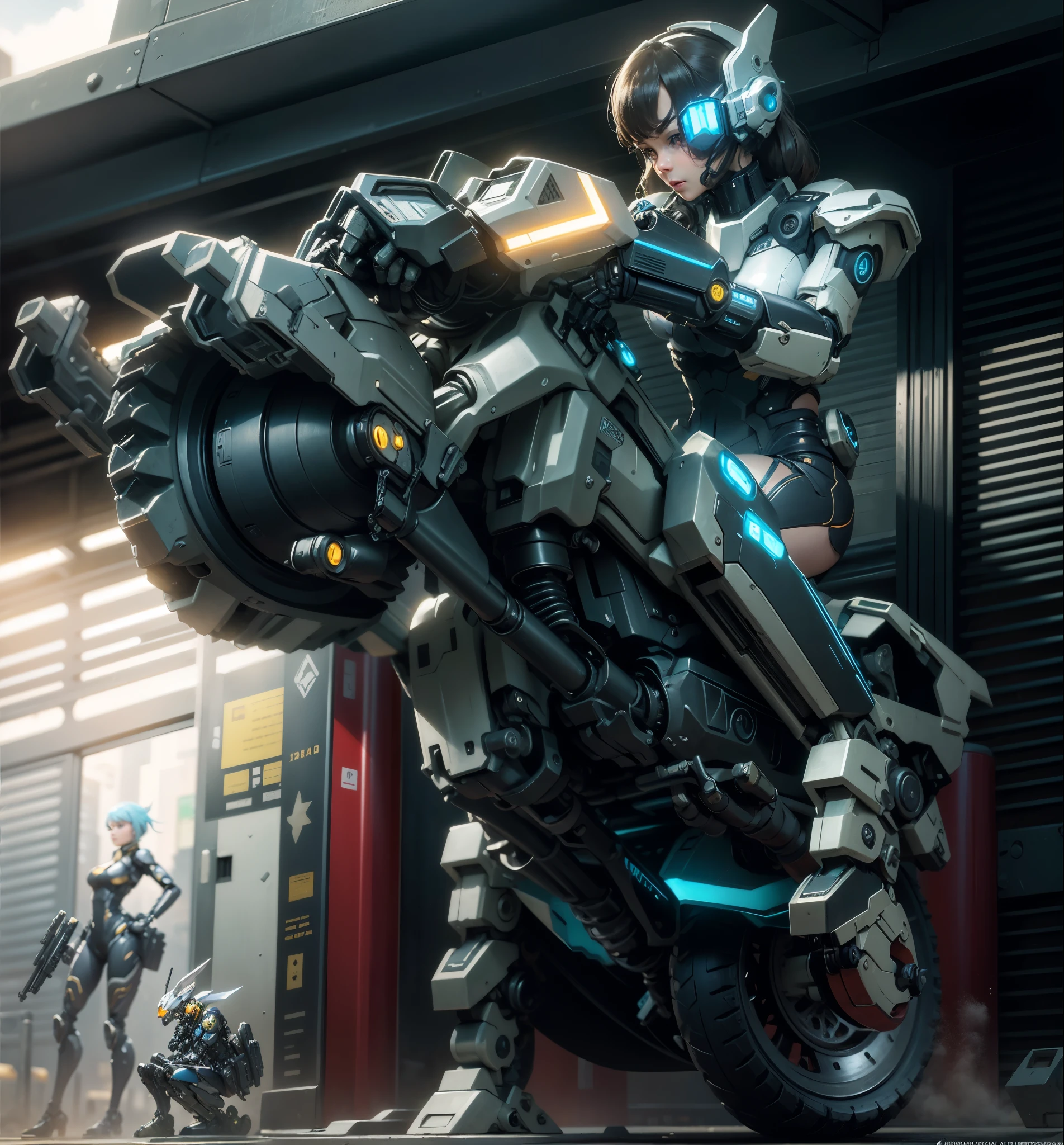 Close-up of a robot on a bike with a gun, hard surface, # Mecha, female Mecha, 赤いMecha, redshift rendering, Art Station Masterpieces, Mechanized valkyrie girl, action figure Mecha, girl in Mecha cyber armor, hard surface model, By Senior Environmental Artist, sitting on a cyberpunk bike, Mechanized valkyrie