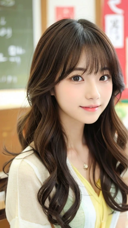 Japanesecute Female college student Semi-long wavy hair with bangs Indoor Summer clothes