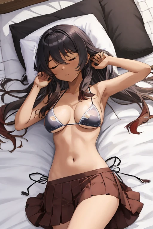 Healthy dark skinned anime girl, wearing ?????? top and skirt, laying down, couple, a white skinned boy sleeping