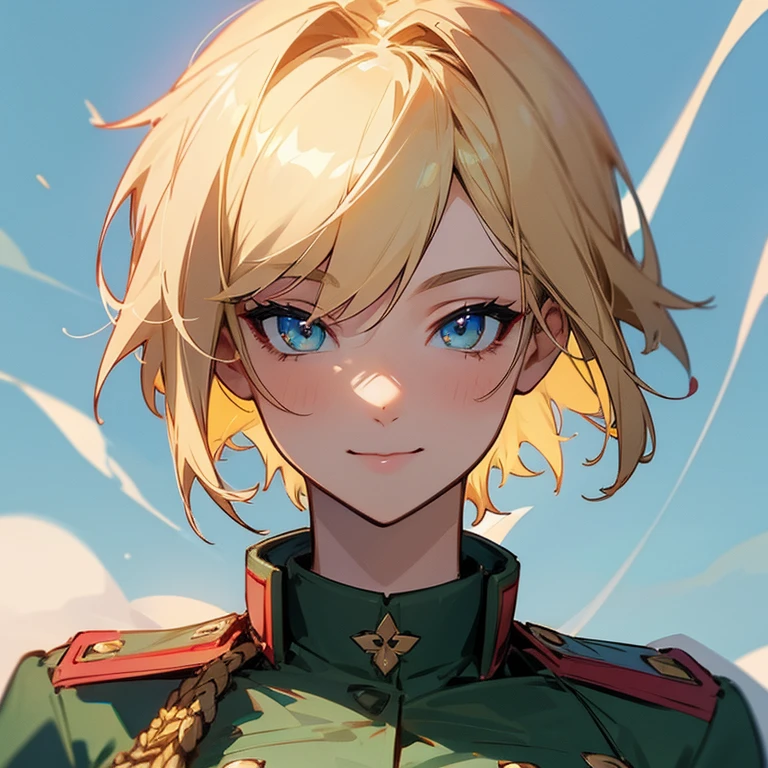 perfect face anime character 2D beautiful girl short hair big breasts military uniform blonde smiling