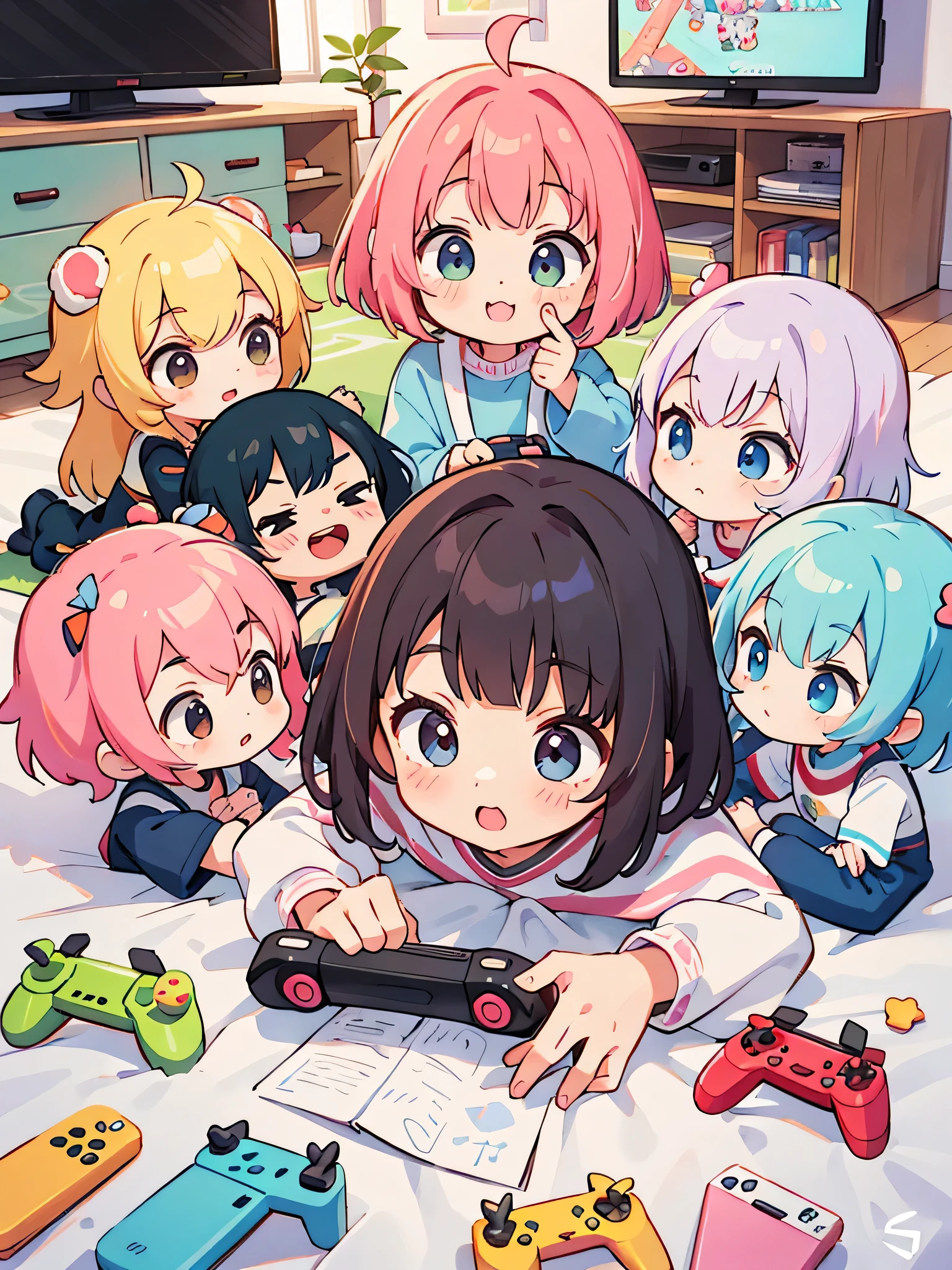 Momoko Sakura style, Kawaii Design, (((10 people)))、most beautiful girl ever、Chibi, Colorful bob hair、((Lots of friends))、children&#39;s room、(((Video games together)))