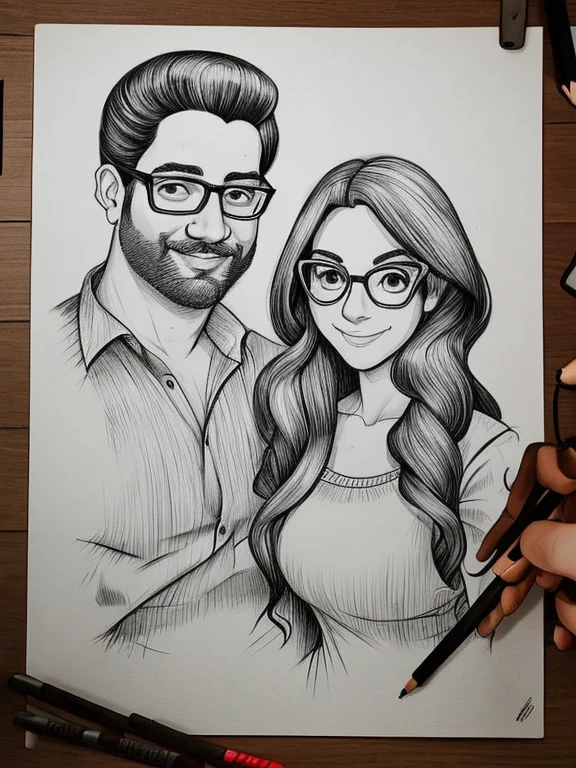 drawing of a man and a woman with glasses and pencil, caricatura!!!, sombreamento!!!, caricatura, caricatura style, desenho de desenho animado, cartoon sombreamento, cartoon retrato, alarcóna caricaturist, caricatura, professional sketch, ARTE DE DESENHOS ANIMADOS, retrato!!!!!!, caricaturista, caricatura, sketched, hand drawn cartoon, desenho animado de arte digital, ((retrato))