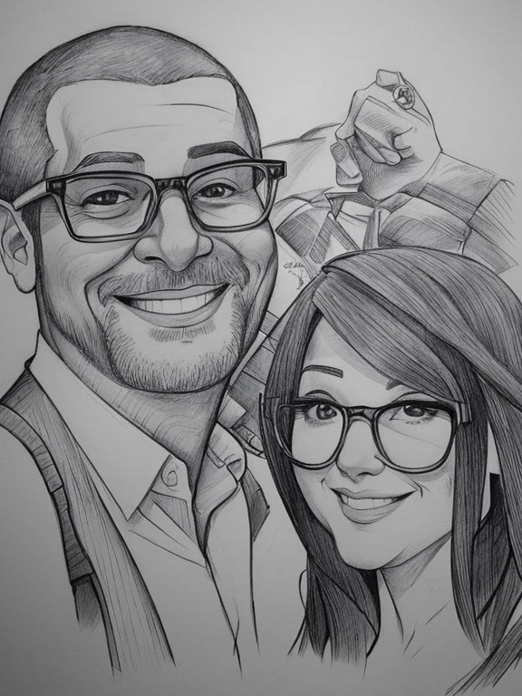 drawing of a man and a woman with glasses and pencil, caricatura!!!, sombreamento!!!, caricatura, caricatura style, desenho de desenho animado, cartoon sombreamento, cartoon retrato, alarcóna caricaturist, caricatura, professional sketch, ARTE DE DESENHOS ANIMADOS, retrato!!!!!!, caricaturista, caricatura, sketched, hand drawn cartoon, desenho animado de arte digital, ((retrato))