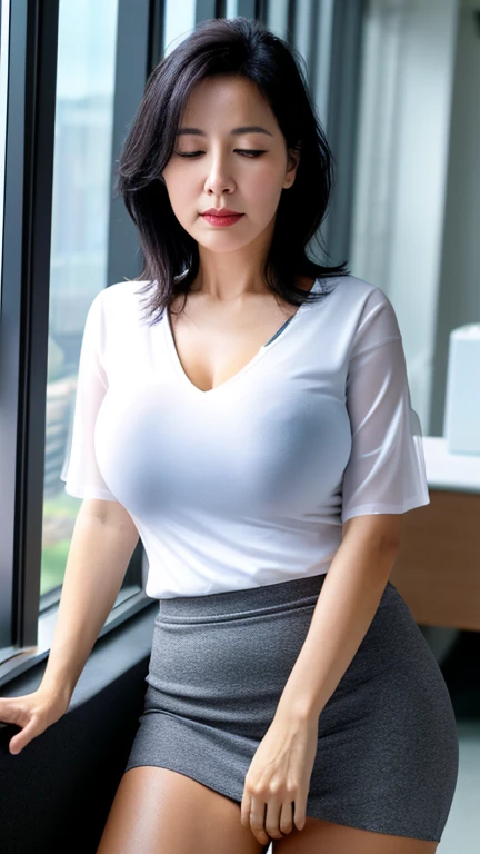 ((photograph))、本物のphotograph、((highest quality)),((High definition 8K )), ((highest quality))、Woman with eyes closed、48 years old、black hair,((sweaty skin))((sweaty skin)), big breasts、white blouse、Tight Skirt、inside the office、