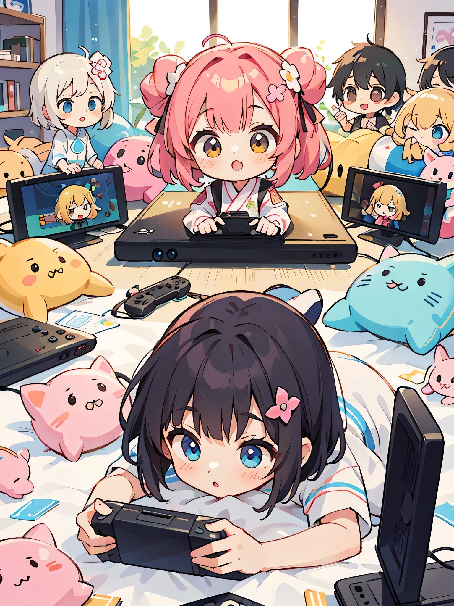 Momoko Sakura style, Kawaii Design, (((10 people)))、most beautiful girl ever、Chibi, Colorful bob hair、((Lots of friends))、children's room、(((Video games together)))