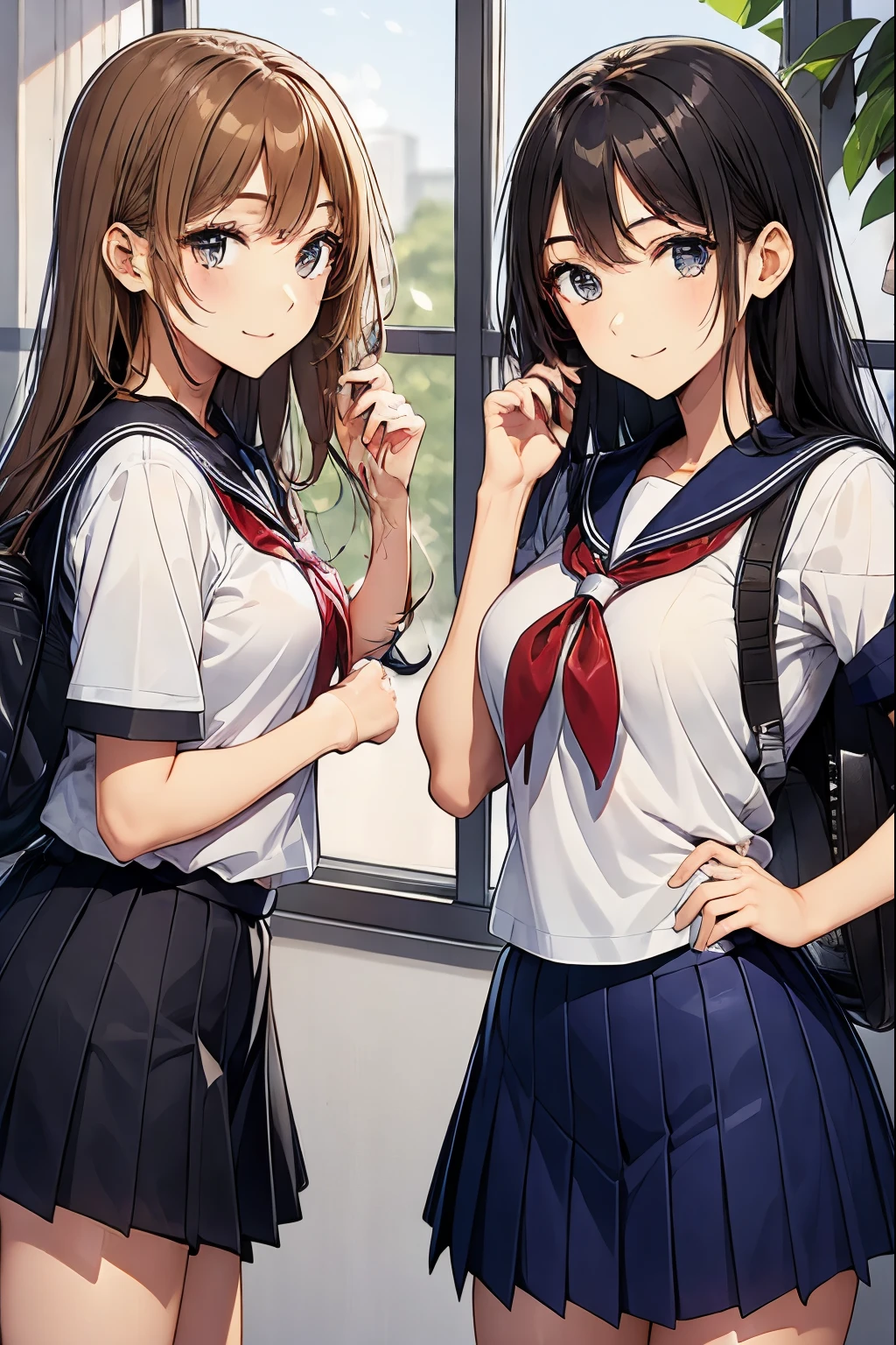 Two high school girls looking out the window in the classroom、seductive smile、