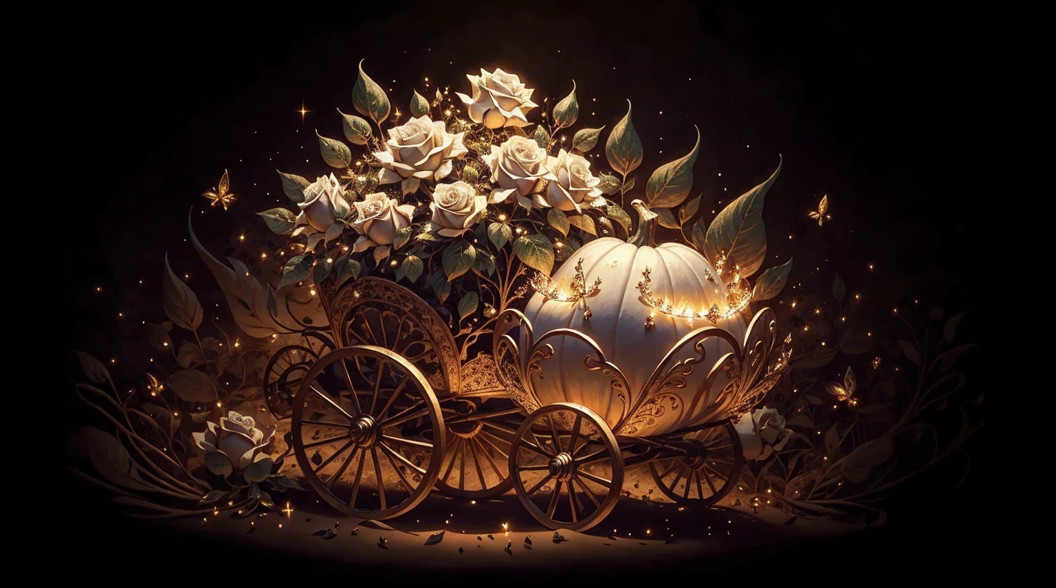 masterpiece, ultra detailed art of a white pumpkin carriage, goth Renaissance, roses, sharp focus, extremely detailed illustration, approaching perfection, intricate details, ultra-high definition, 32k resolution, glimmer, ethereal, aesthetic, smooth, dreamy, backlit, fantastical, shadows, smooth, illustration, volumetric lighting, glitter, cute00d