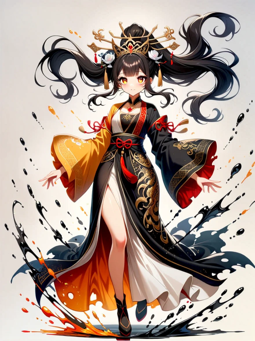 Amazing, beautiful detailed eyes, ((((1girl)))), finely detailed, extremely detailed CG unity 8k wallpaper, (((((full body))))), (((a girl wears Clothes Black and white Taoist robes))), ((Extremely gorgeous magic style)), ((((gold and silver lace)))), (((flowing lace))), (((flowing ((black)) and white background))), (((((gorgeous detailed eyes))))), (((((((gorgeous detail face))))))), ((floating hair)), (((Pick and dye black hair in white hair))), (((flowing transparent black))), (((flowing transparent white))), (((((ink))))), ((((small breast)))), (((extremely detailed gorgeous tiara))), (((black and white hair))), ((black hair stick)), ((white hair ornament)), ((gold gorgeous necklace)), ((flowing hair)), (((The picture fills the canvas))), ((The character is in the center of the frame)), (((flowing))), ((bright pupils)), ((((melt)))), (((((black and white melt))))), Depth of field, masterpiece, (best quality)