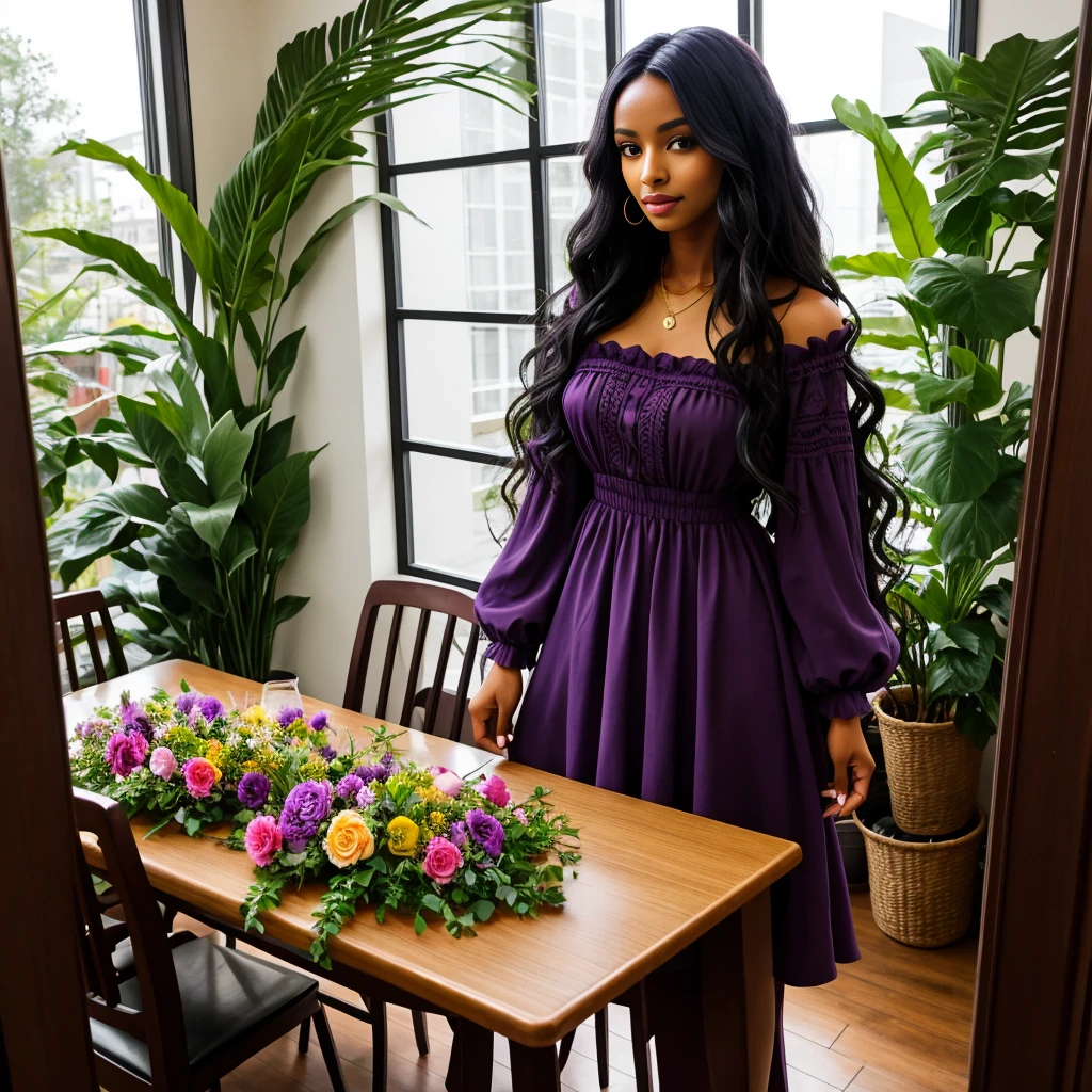 Long luxurious wavy black hair, black woman, medium brown skin toned, wearing purple sundress, in the dining room full of flowers and plants.