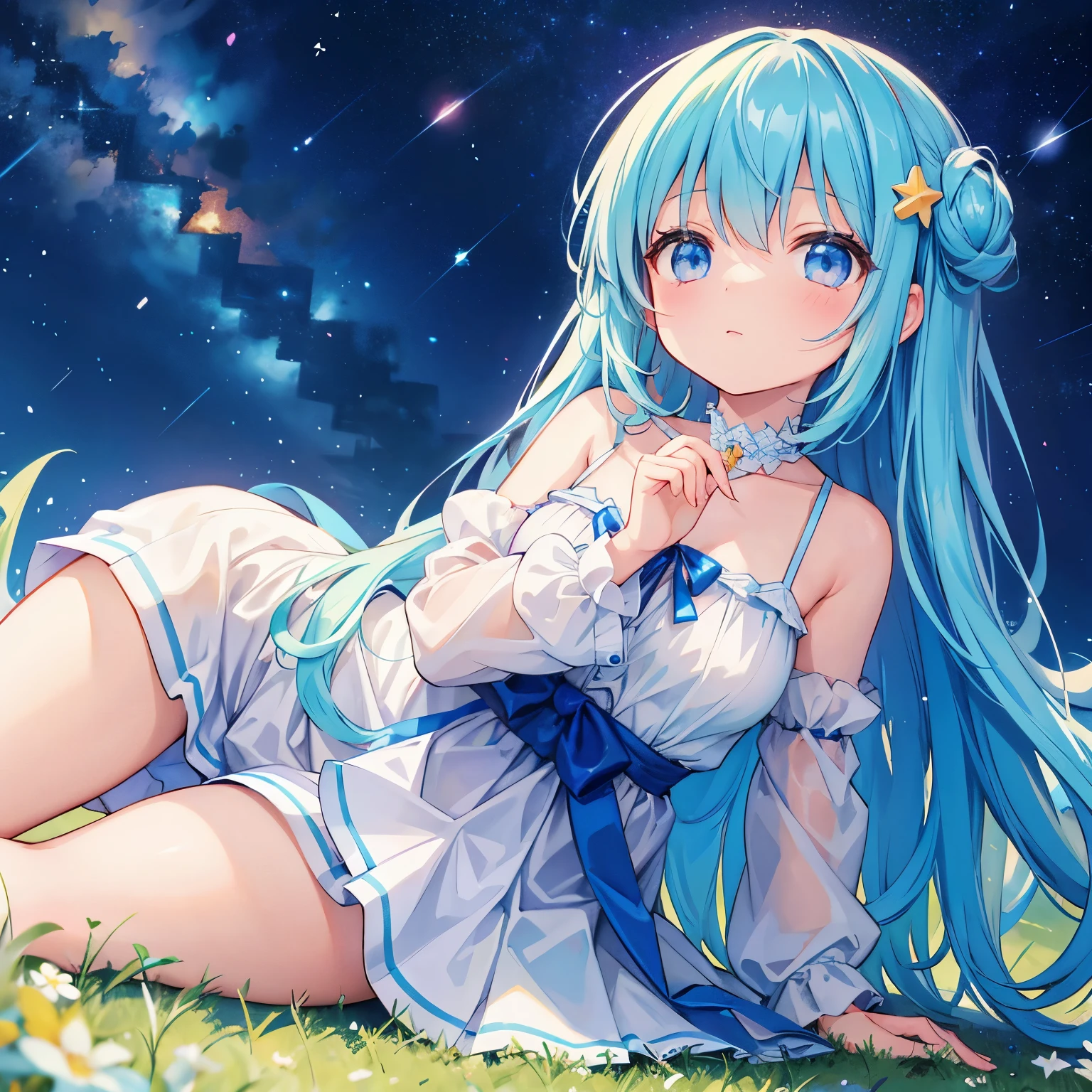 Describe a scene where a cute girl character is lying on a grassy hill, Look up at the starry sky. Surround her with colorful nebulae and her favorite constellations.