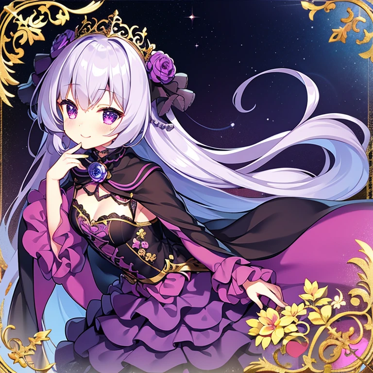 (kawaii),(best quality),(ultra detailed),(rococo style),(long train dark violet cape:1.15), very long cape,(long train dark violet ball gown with flower decorations:1.1), a girl is wearing a cape over her gown, 1 little princess, tiara, smile, very long hair, small breasts, beautiful detailed eyes, beautiful detailed lips