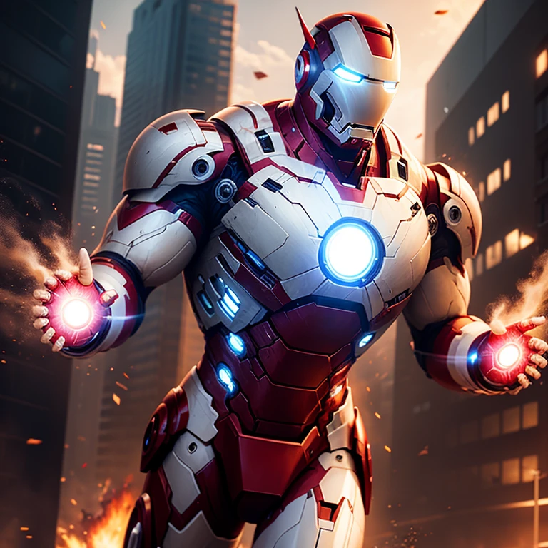 white iron man (blows up) the city, apocalypse, hyperdetailed, cinematic
