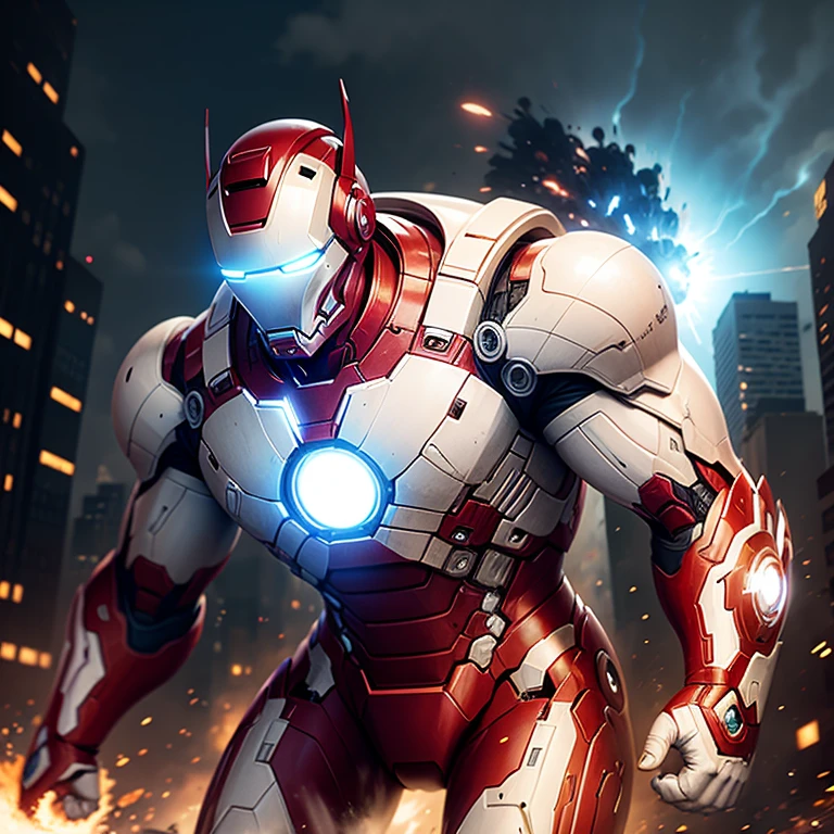 white iron man (blows up) the city, apocalypse, hyperdetailed, cinematic