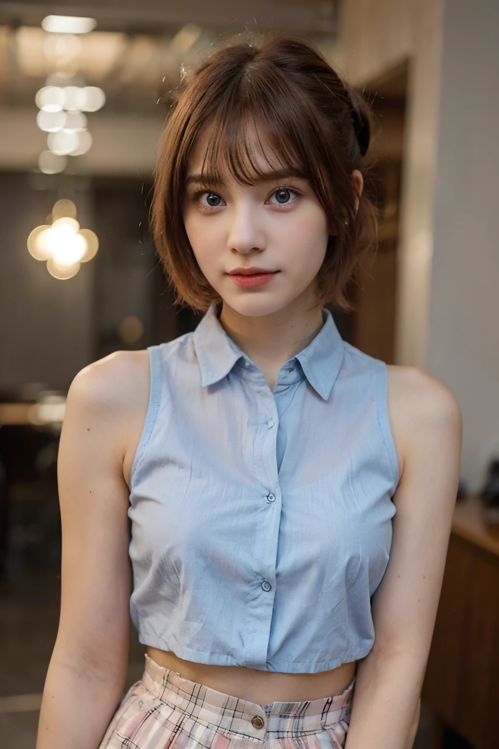 young girl, red hair, blue eyes, blushing, hairbangs, short hair, ponytail, blue button up outfit, pink skirt, necklace, sexy pose, beautiful, blurry background, looking at viewer