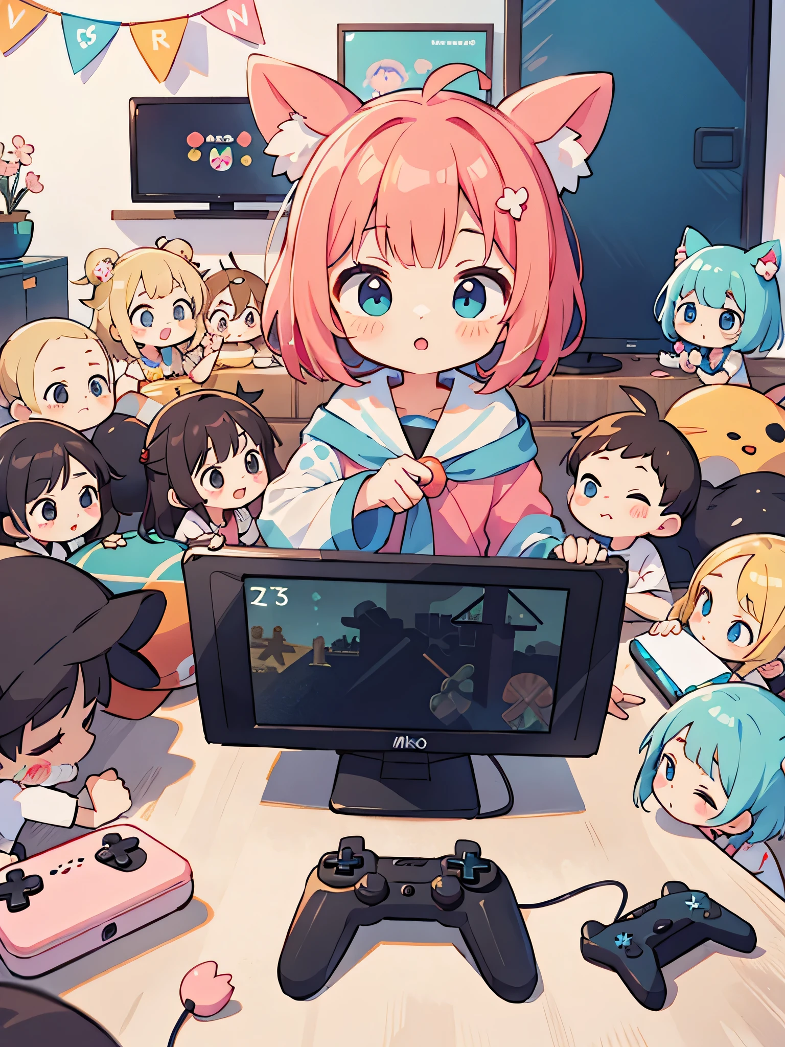 Momoko Sakura style, Kawaii Design, (((10 people)))、most beautiful girl ever、Chibi, Colorful bob hair、((Lots of friends))、children&#39;s room、(((Video games together)))