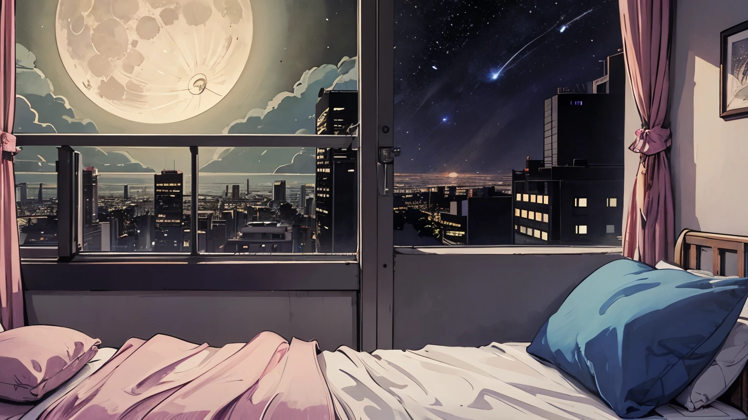 1 girl, 90s anime style, night, Studio Room, moon, Girl with headphones, late night room, listen to music alone, city pop, low quality, Lo-Fi, Chill, late night, Rooms for single people, dark room, futuristic night view outside the window, dark room