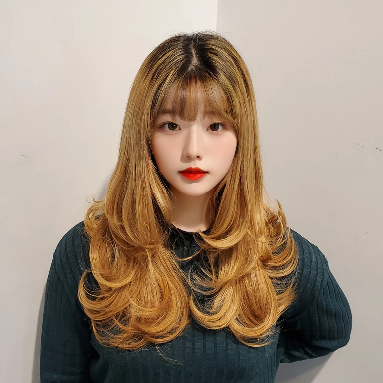blond woman with long hair and red lipstick looking at her cell phone, hime cut, long haircut, long hair full of bangs, wavy hair yellow theme, with long hair, long hair with bangs, bright golden long hair, medium yellow blonde hair, long hairstyle, Interesting volume fluttering, with short hair, medium hair, hair coloring, It is filled with golden layers.