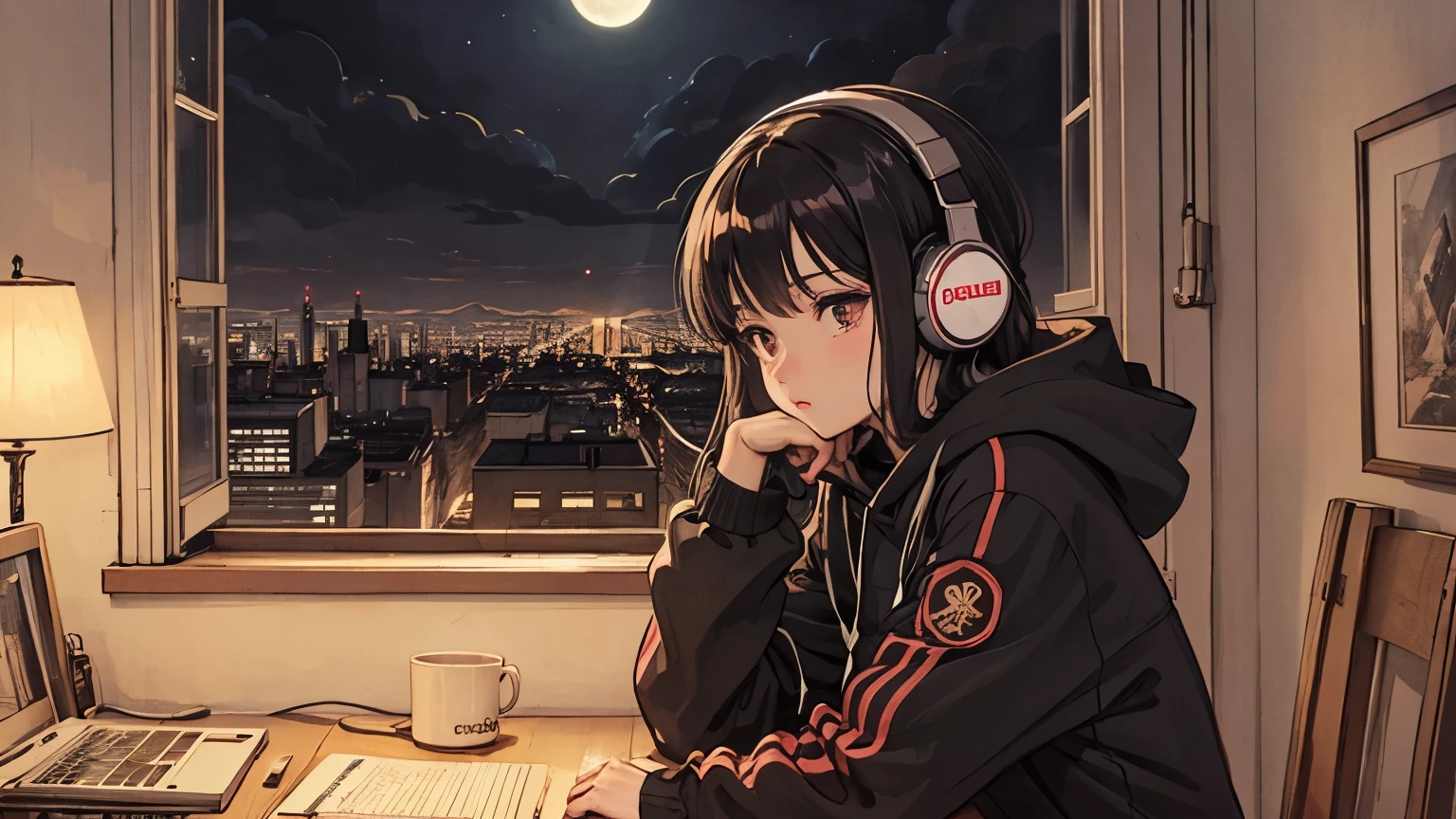 1 girl, 90s anime style, night, Studio Room, moon, Girl with headphones, late night room, listen to music alone, city pop, low quality, Lo-Fi, Chill, late night, Rooms for single people, dark room, futuristic night view outside the window, dark room