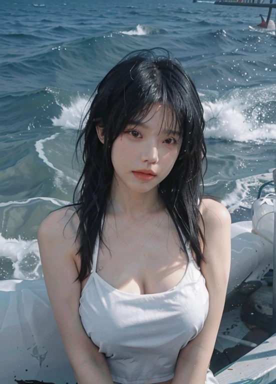 最OK质量,masterpiece,ultra high resolution,(lifelike:1.4),1 girl,Sexy,(bikini:1.2),(OK:1.2),(Big breasts:1.3),(Upper body:1.4),(seaside:1.4),(wet),(:1.2),black短裙,black,Bare thighs,Full body image,Raised sexy