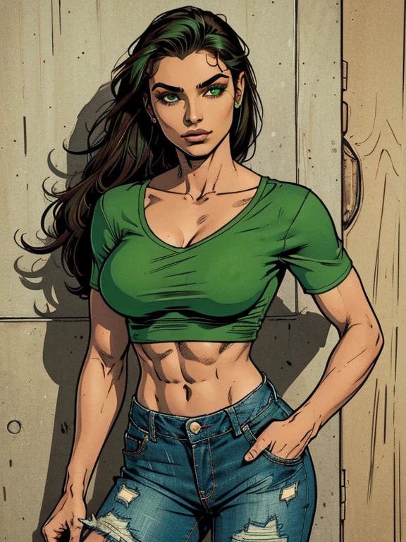 sensual, sedutor, mulher atraente, confiante, feroz, muscular physique, roupa reveladora, pele verde, cabelo verde, olhos verdes, alto, fora, meia camiseta rasgada, Shorts jeans