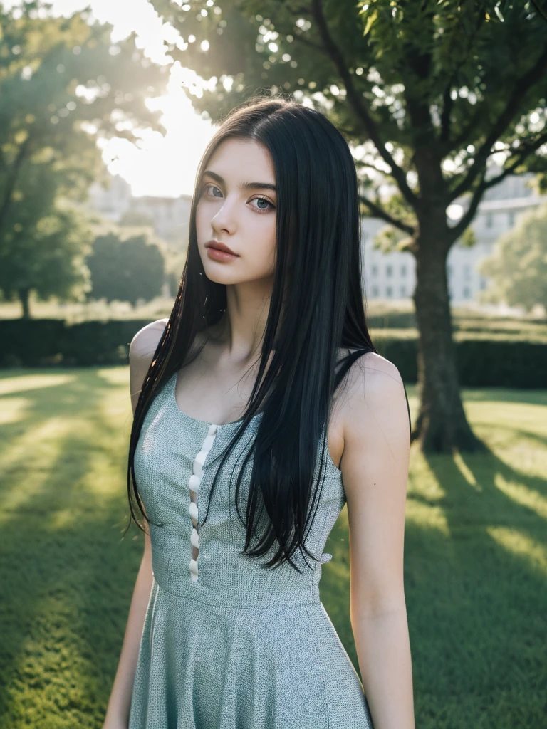 ( masterpiece, top quality, best quality,8k,17 years old girl,ultra detailed,raw photo:1.5),(photorealistic:1.4), (long black hair:1.5), (cinematic lighting), PerfectNwsjMajic, , Surrealism, UHD, ccurate, Super detail, textured skin, High detail, Best quality, dynamic angle, (high nose,White skin),[Beautiful blue eyes],[flat chest:large breasts:0.5],(1girl),(good anatomy:0.5)),(outside:1.5),dress