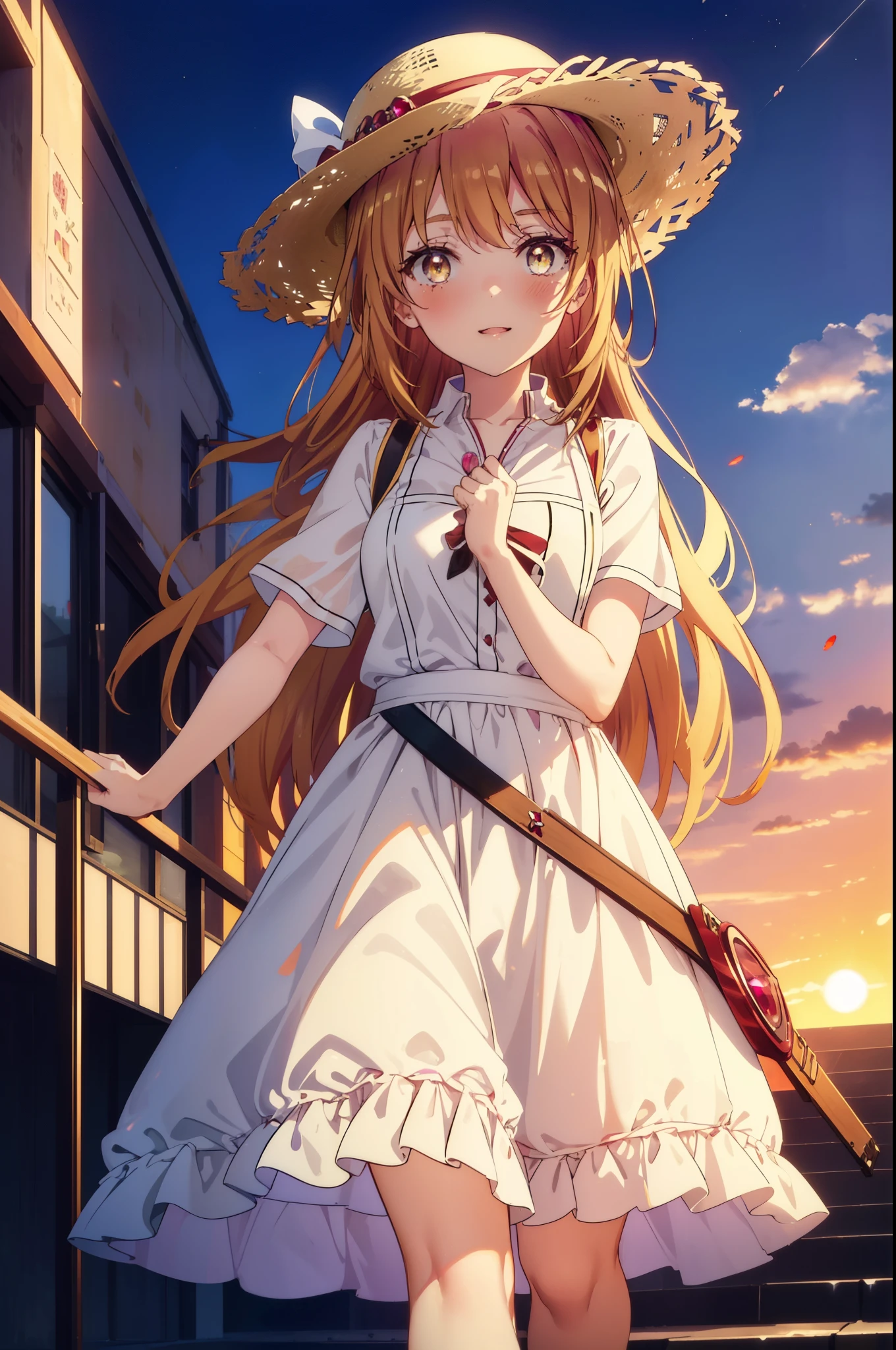 irohaisshiki, Isshiki Iroha, long hair, light brown hair, (Brown ruby eyes:1.5), White long skirt integrated dress,Cute Sandals,straw hat,happy smile, smile, open your mouth,evening,sunset,The sun is setting. Break outdoors. ,building street,In town,
break looking at viewer,(cowboy shot:1. 1)
break (masterpiece:1.2), highest quality, High resolution, unity 8k wallpaper, (shape:0.8), (beautiful and detailed eyes:1.6), highly detailed face, perfect lighting, Very detailed CG, (perfect hands, perfect anatomy),