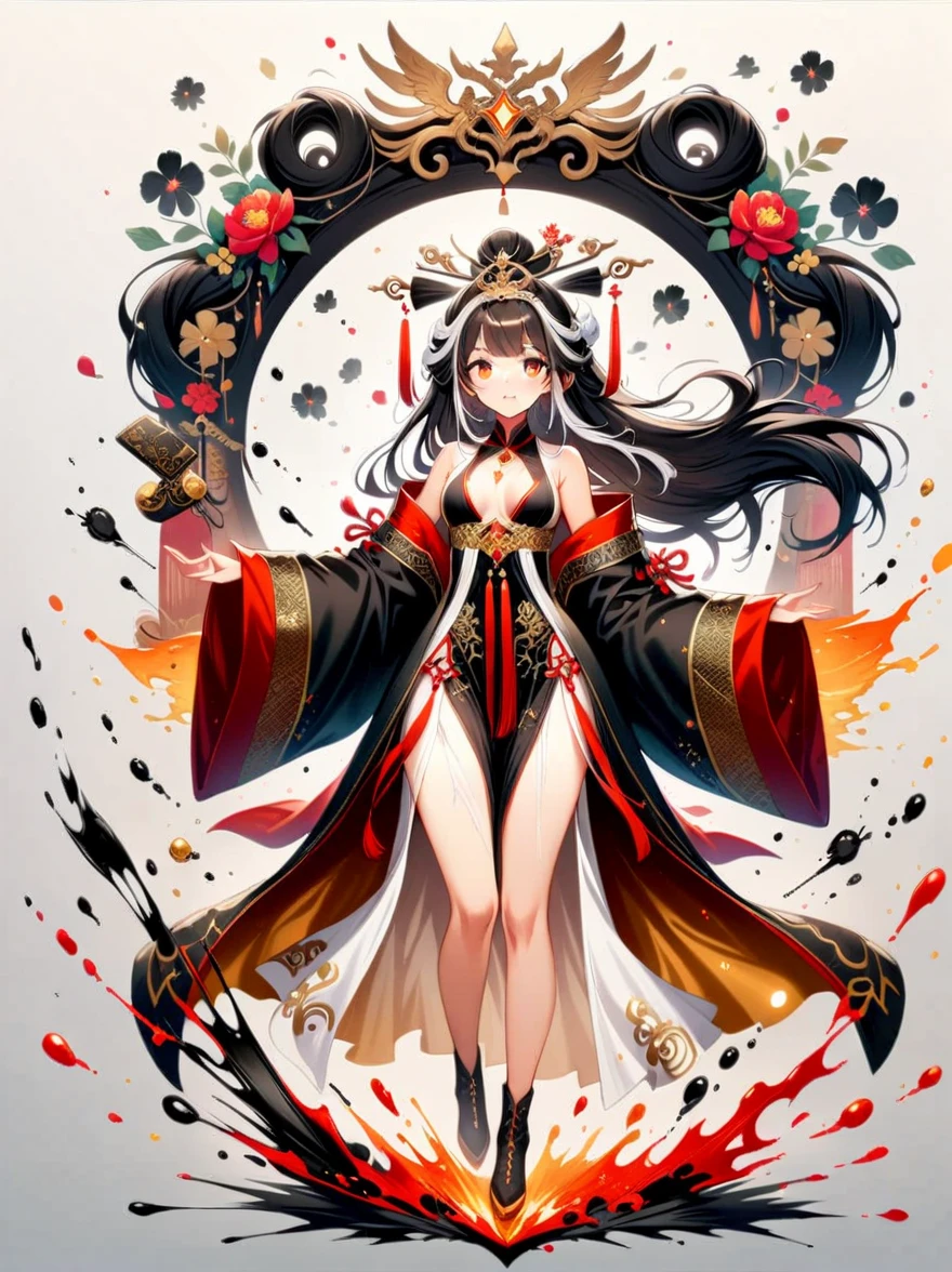 Amazing, beautiful detailed eyes, ((((1girl)))), finely detailed, extremely detailed CG unity 8k wallpaper, (((((full body))))), (((a girl wears Clothes Black and white Taoist robes))), ((Extremely gorgeous magic style)), ((((gold and silver lace)))), (((flowing lace))), (((flowing ((black)) and white background))), (((((gorgeous detailed eyes))))), (((((((gorgeous detail face))))))), ((floating hair)), (((Pick and dye black hair in white hair))), (((flowing transparent black))), (((flowing transparent white))), (((((ink))))), ((((small breast)))), (((extremely detailed gorgeous tiara))), (((black and white hair))), ((black hair stick)), ((white hair ornament)), ((gold gorgeous necklace)), ((flowing hair)), (((The picture fills the canvas))), ((The character is in the center of the frame)), (((flowing))), ((bright pupils)), ((((melt)))), (((((black and white melt))))), Depth of field, masterpiece, (best quality)