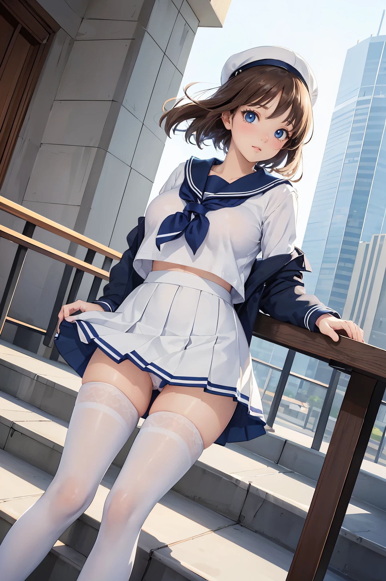 highest quality, masterpiece, High resolution, 8K, 超A high resolution, clarity, Clear drawings, (Photoreal:1.4), beautiful face, symmetrical eyes, one girl'whole body, ((table top, perfect pixel)), young beautiful girl, whole bodyが見えました, ((beautiful eyelashes)), ((detailed face, blush:1.2)), ((smooth texture:0.75, realistic texture:0.65, realistic:1.1, Anime CG style)), big breasts, ((sailor suit)), city stairs、Looking up from the bottom of the stairs、Very embarrassing panic smile, looked back、lean forward、(The wind flipped my skirt and exposed my butt..、touch your butt with both hands、white panties), short skirt, White lace tights, knee high socks, black shoes, angle from below, blue sky, Pants fully visible