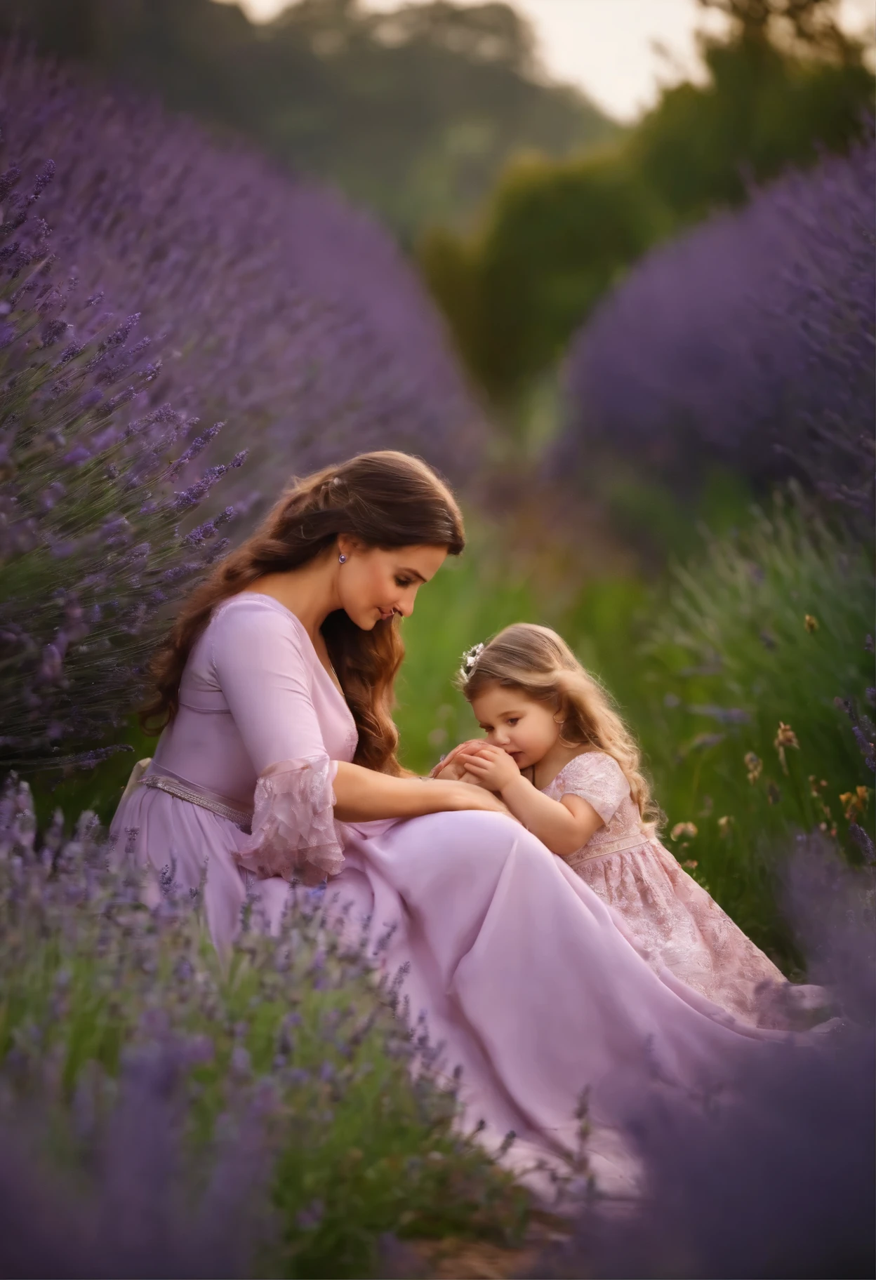 master piece of women sitting with her kid in garden of lavender
