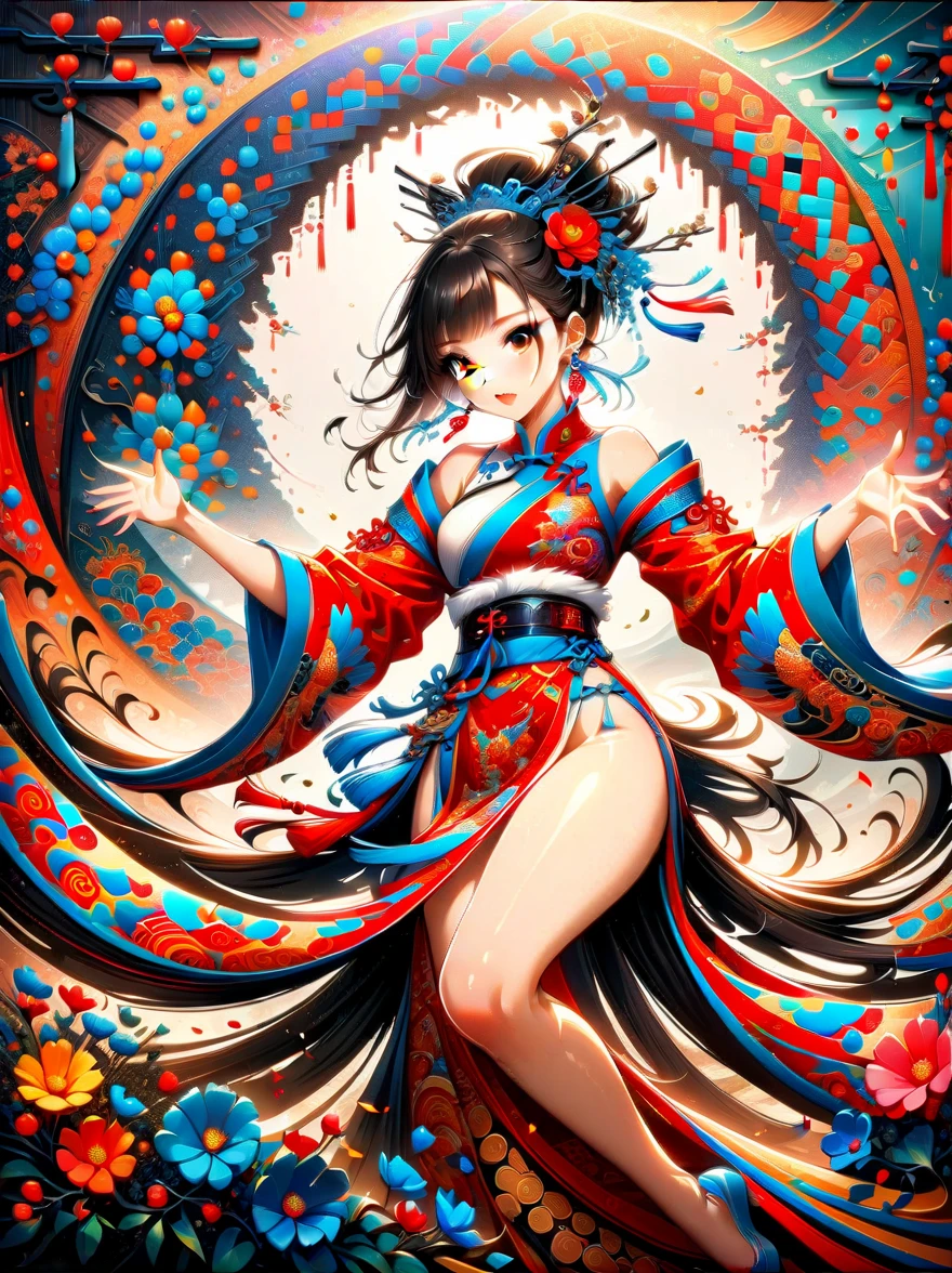 top quality, official art, Beautiful and beautiful:1.2, (1 girl:1.3), Very detailed, (fractal art:1.1), (rich and colorful:1.1)(flowers:1.3), most detailed, (Zentangle:1.2), (dynamic poses), (abstract background:1.3), (Chinese Traditional Cloth:1.2), (shiny skin), (Many colors:1.4), (earrings:1.4), masterpiece, best quality