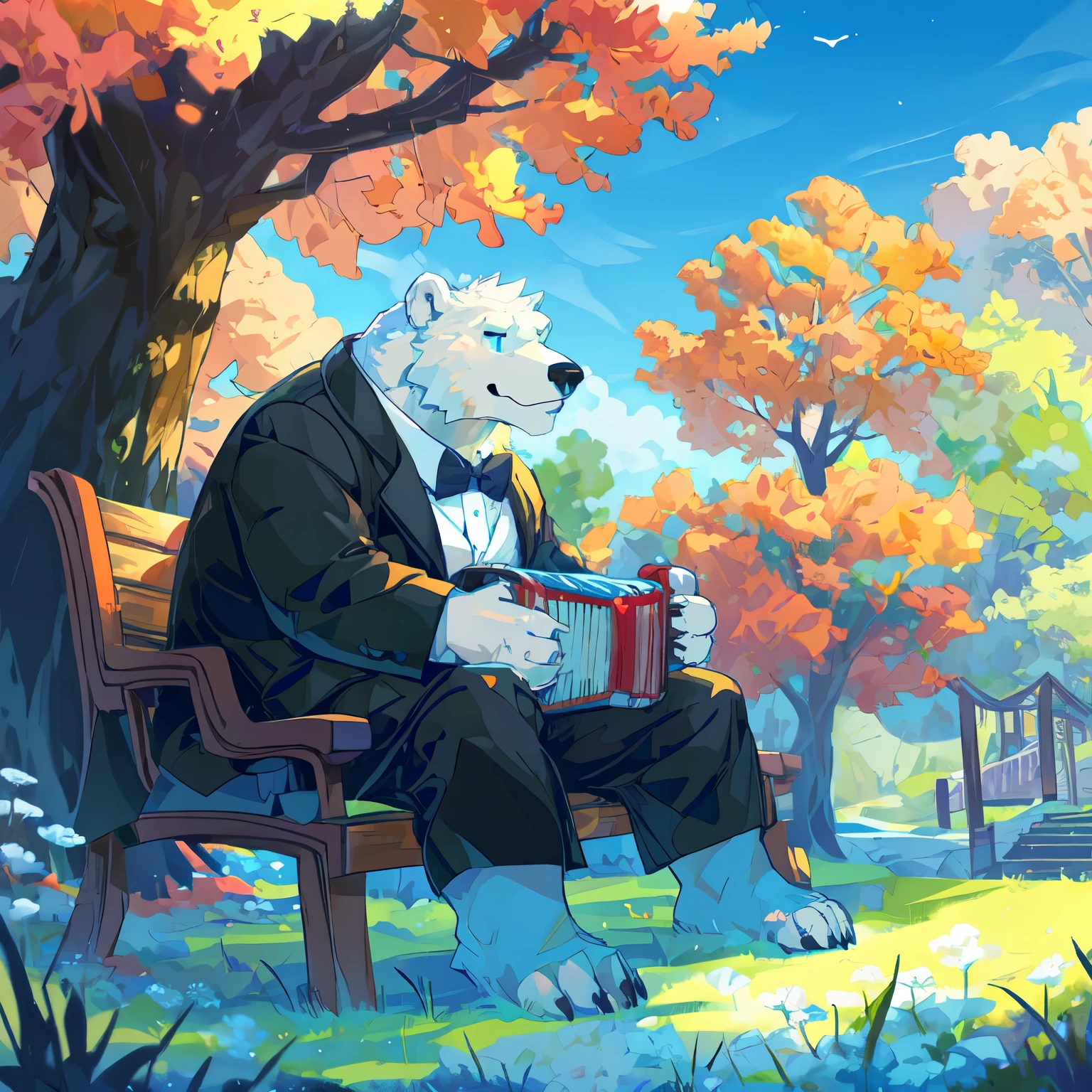 (best quality, highres, masterpiece:1.2), ultra-detailed, realistic:1.37, Extreme detail, white bear-man sitting on a park bench(((polar bear))), Soft smile, tall, muscular, handsome, gentle, Sky blue eyes, White paws and claws, detailed, daytime, isolated, illustrated style, White big furry claws, black long coat, black bowtie, playing accordion alone, carrying a beautifully carved pen, vibrant park scene with wooden benches, rustling leaves in the wind, springtime flowers and grass, playful bouncing rabbits, and birds singing in the trees. Bright colors, vivid blue sky, soft lighting, fantastic scenery, surreal rendering.