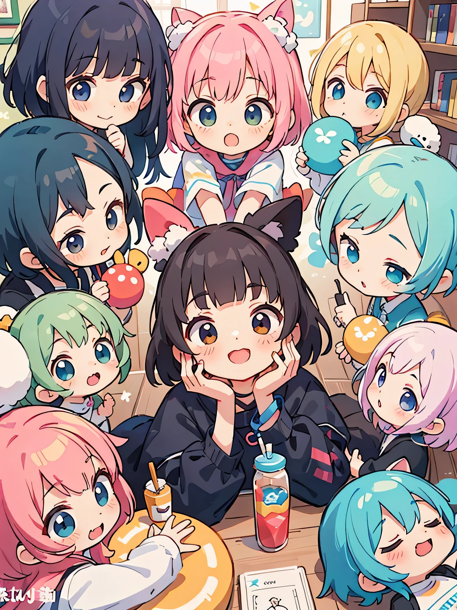 Momoko Sakura style, Kawaii Design, (((10 people)))、most beautiful girl ever、Chibi, Colorful bob hair、((Lots of friends))、children&#39;s room、(((Let&#39;s play tag together)))