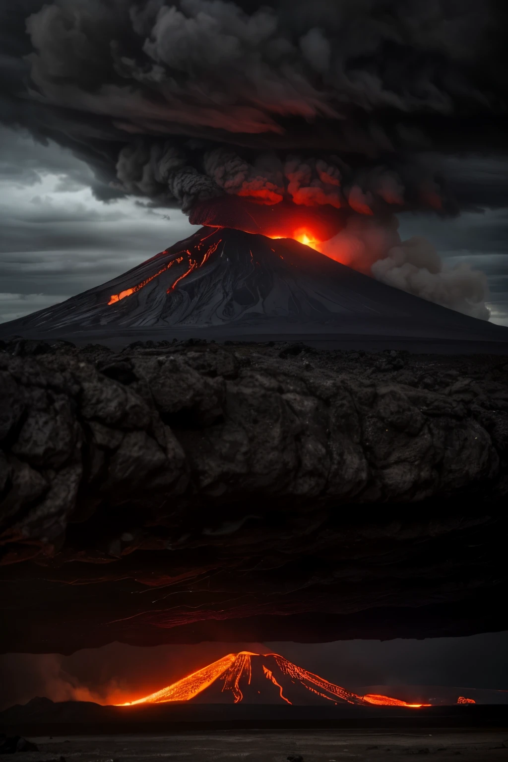 Amidst the ominous landscape of Mount Doom, the ominous volcano mountain, lava flowed menacingly on the ground, casting an ominous red glow onto the charred earth below. The cloudy skies above were tinged with smog and smoke, adding to the sense of impending doom and decay. The once vibrant vegetation stood as signed trees, their blackened trunks bearing witness to the destruction that had befallen this land. In the foreground, the gray atmospheric sphere loomed ominously, a harbinger of the apocalypse to come. The grand scene unfolded under cinematic lighting, with dark shadows and