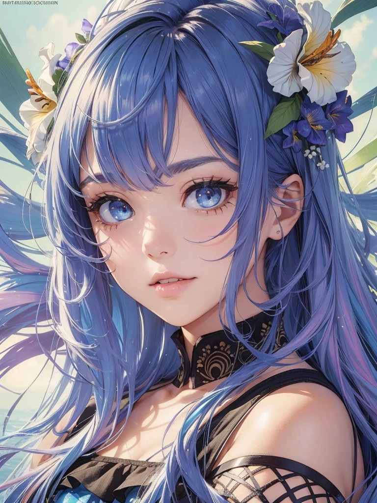 (masterpiece, highest quality, super detailed, ultra-high resolutiom, High resolution,8K:1.4),detailed beautiful eyes,(intricate iris details:1.4), break,20_Year_old, girl,smile, grin and laugh, (dark_skin),(Tribal_tattoo),(Wavy hair),(messy hair),(asymmetrical bangs),(colorful hair), 
slanted eyes, (((blue eyes))),
(Depth and three-dimensionality of pupils,We carefully finish every detail of your eyelashes.),
((flower hair ornament)),(shorts,bikini:1.4),beach, sunlight,
