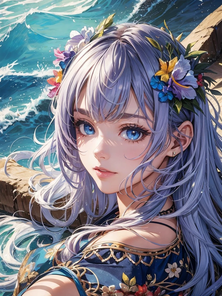 (masterpiece, highest quality, super detailed, ultra-high resolutiom, High resolution,8K:1.4),detailed beautiful eyes,(intricate iris details:1.4), break,20_Year_old, girl,smile, grin and laugh, (dark_skin),(Tribal_tattoo),(Wavy hair),(messy hair),(asymmetrical bangs),(colorful hair),
slanted eyes, (((blue eyes))),
(Depth and three-dimensionality of pupils,We carefully finish every detail of your eyelashes.),
((flower hair ornament)),(shorts,bikini:1.4),beach, sunlight,