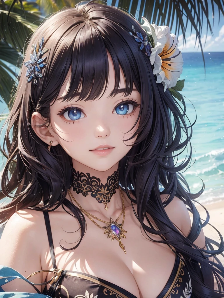 ((Biologically correct number of limbs))、((natural finger shape))、(( Full body photo including face))、standing position、[NSFW]、4K、masterpiece、((focus on the face))、((Symmetrical facial features))、Eyes of minute description、Beautiful woman、outstanding style、beautiful clavicle、beautiful legs、slender body、(small ass、thin thighs）、(high heels）、Detailed depiction of faces、small earrings、necklace、(upper body off shoulder、Patterned skirt）、Splashing on the beach