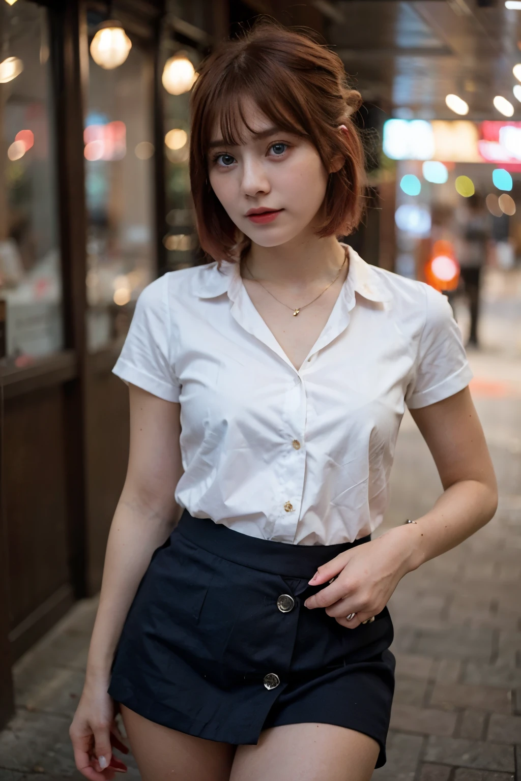 young girl, red hair, blue eyes, red cheeks, hairbangs, short hair, blue button up outfit, pink skirt, necklace, sexy pose, beautiful, blurry background, looking at viewer