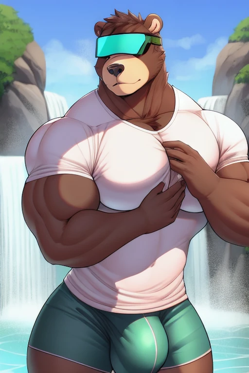 Furry, anthropomorphic bear, big pecs, broad shoulders, muscular, wearing white t-shirt, wearing Camouflage Booty Shorts, dressed as a sports coach, big bulge, wearing sun visor on hand, big biceps, Porn Star, Waterfall scene, soft shading, soft colors, vivid colors, pastel colors 