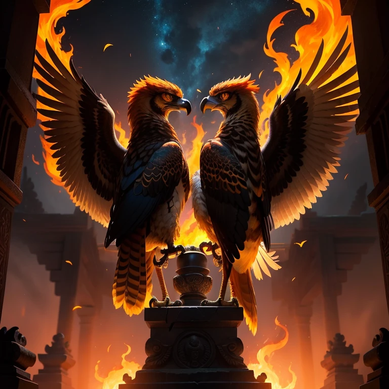 Aguilas de Fuego (Fire Hawks)

In the heart of the mystic jungle, there lies a hidden temple bustling with ancient magic. Two majestic fire hawks perch on the temple's entrance, their fiery feathers illuminating the night sky. The birds' eyes gleam with an inner glow, as if they are the embodiment of primal flames. Their powerful wings beat rhythmically, scattering embers that flicker in the dark, creating an ethereal, fiery aura around them. The fire hawks' presence as guardians of the temple is a symbol of power, strength, and the untamed essence of nature.