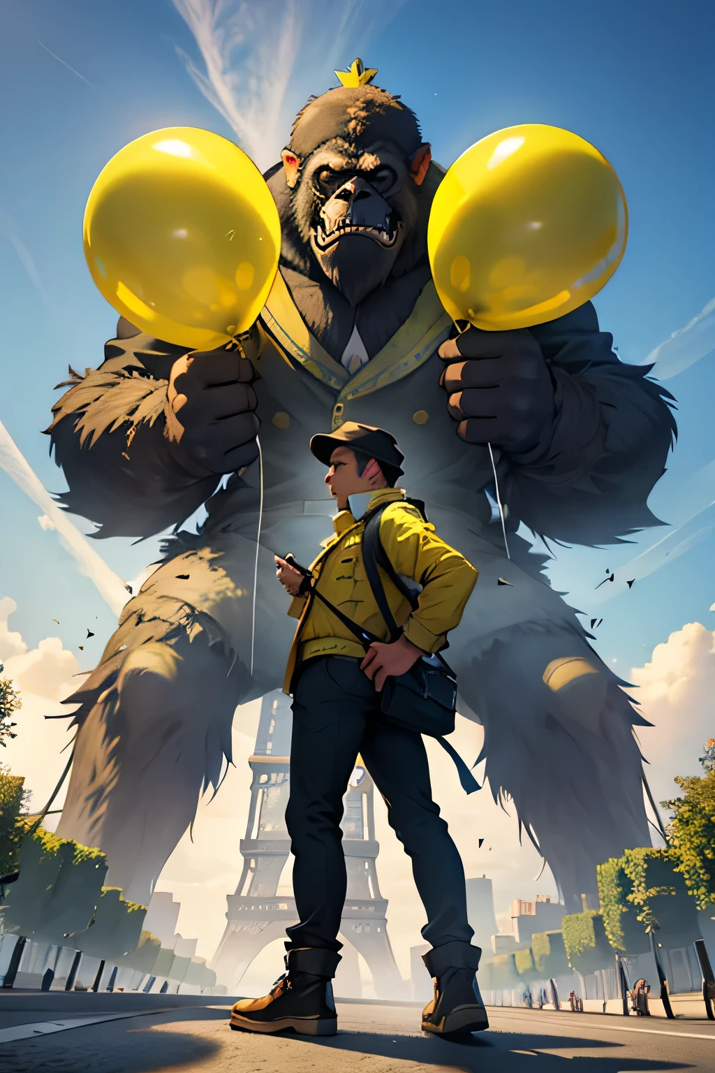 King Kong suspendu à la tour Eiffel et des gilets jaunes tenant des ballons de plusieurs couleurs 