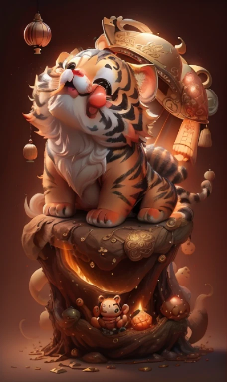 A cute Chinese tiger，Chinese tiger，of，Obvious tiger stripes，gold trim，new year atmosphere，Chinese tiger概念艺术，Inspi红色of by Chinese style，3D modeling，Ultra-detailed rendering，8K
